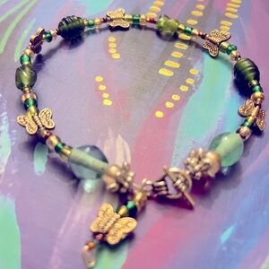 Handmade Glass Bead & Butterfly Charm Wire Bracelet Large